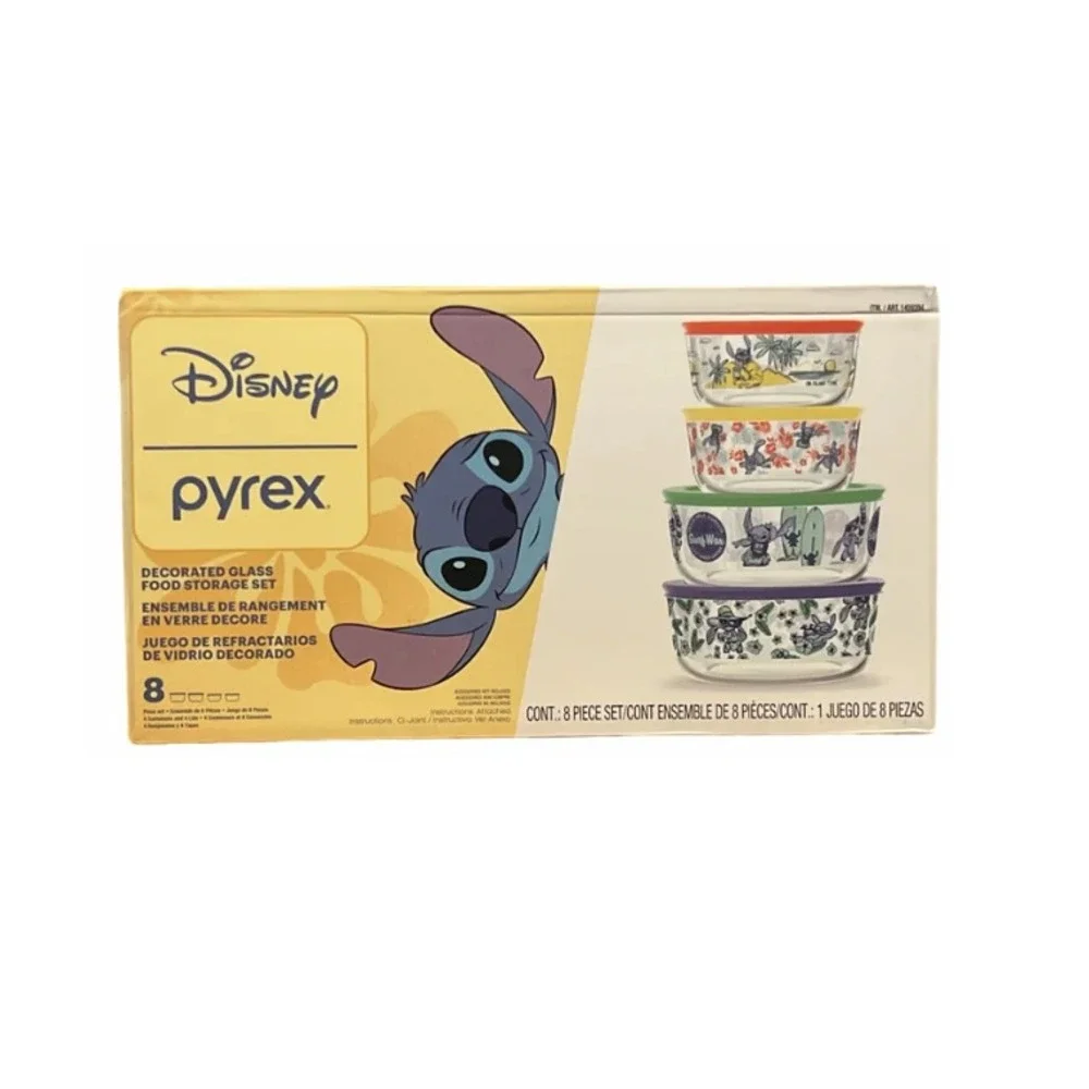 Disney Stitch Pyrex Glass Food Storage 8 Piece Set Round Bowls with Lids NEW